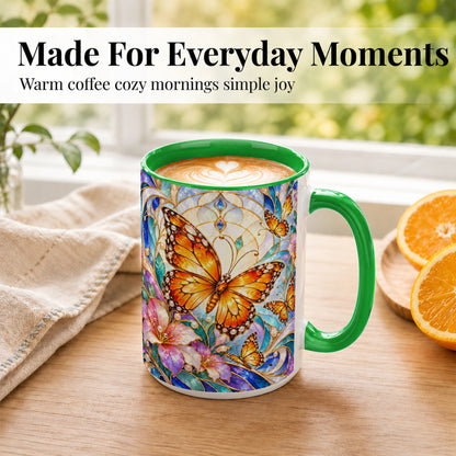 #pl[15oz|Green] Orange Butterfly Coffee Mug, Stained Glass Mug, Ceramic Cup