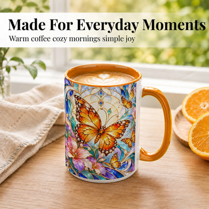 #pl[15oz|Orange] Orange Butterfly Coffee Mug, Stained Glass Mug, Ceramic Cup