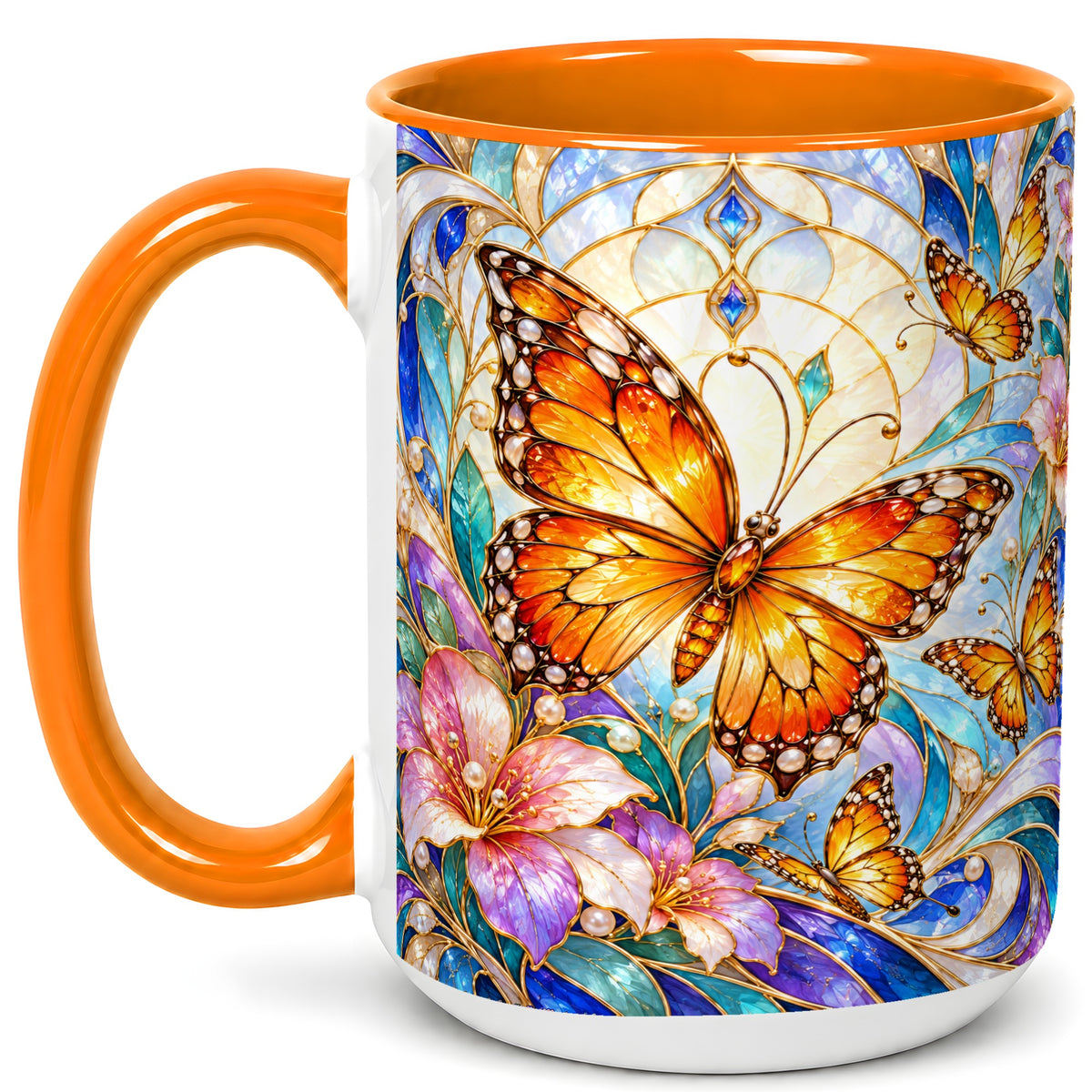 #pl[15oz|Orange] Orange Butterfly Coffee Mug, Stained Glass Mug, Ceramic Cup