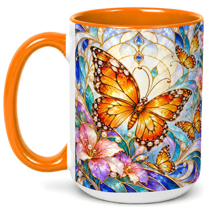 #pl[15oz|Orange] Orange Butterfly Coffee Mug, Stained Glass Mug, Ceramic Cup