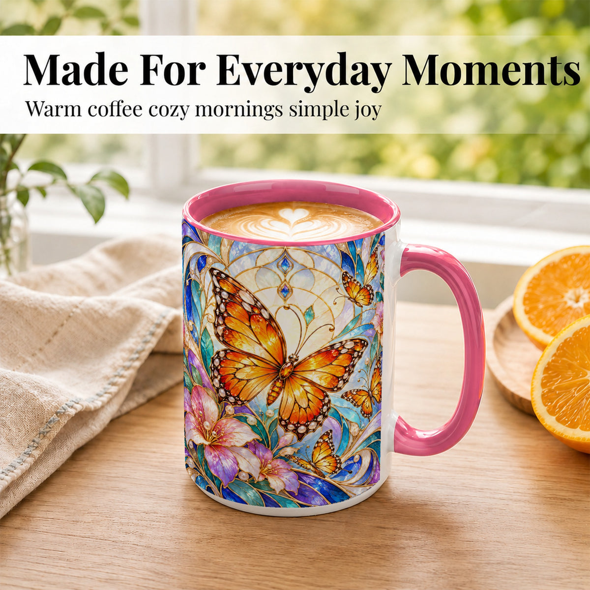 #pl[15oz|Pink] Orange Butterfly Coffee Mug, Stained Glass Mug, Ceramic Cup