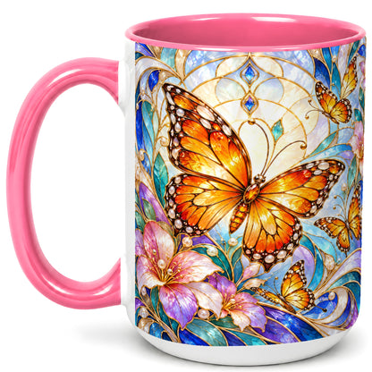 #pl[15oz|Pink] Orange Butterfly Coffee Mug, Stained Glass Mug, Ceramic Cup