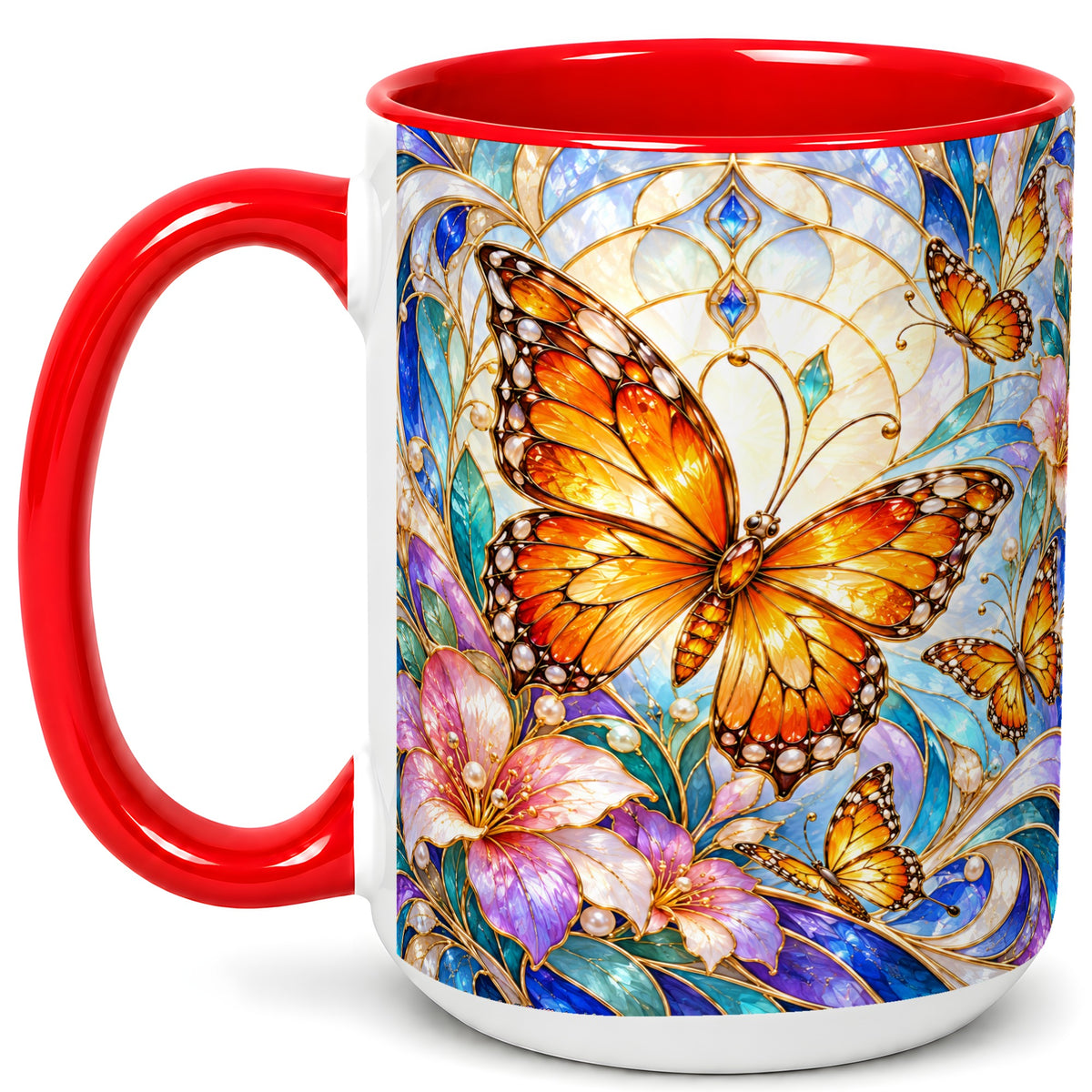 #pl[15oz|Red] Orange Butterfly Coffee Mug, Stained Glass Mug, Ceramic Cup