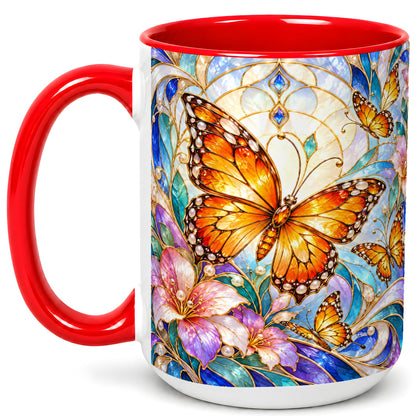 #pl[15oz|Red] Orange Butterfly Coffee Mug, Stained Glass Mug, Ceramic Cup