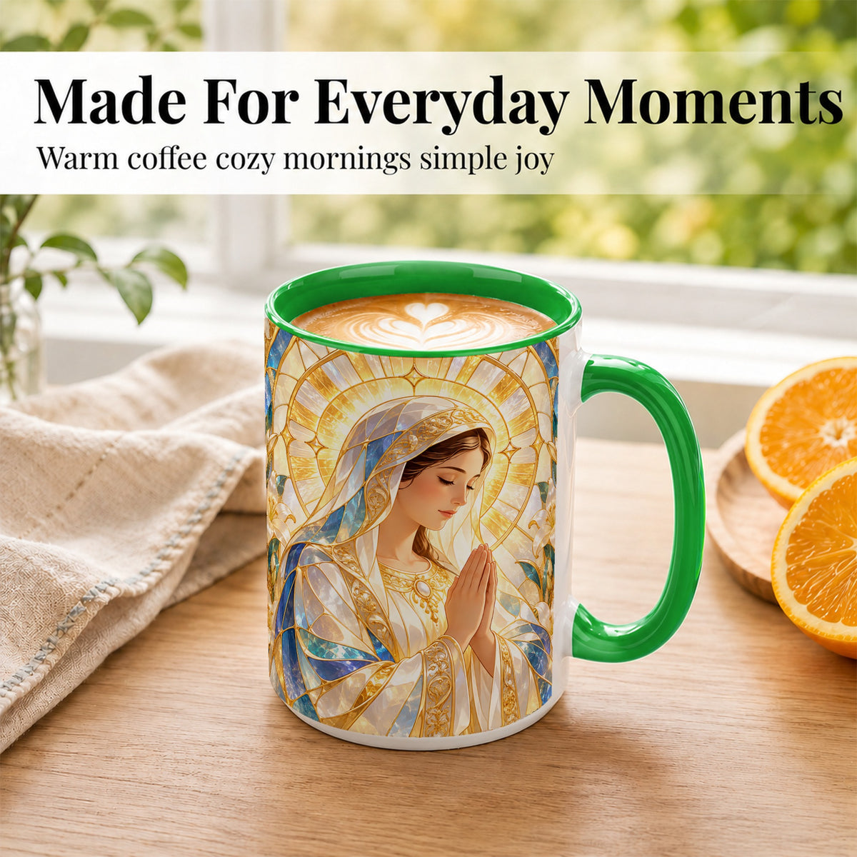 #pl[15oz|Green] Praying Mother Coffee Mug, Lily Faith Mug, Ceramic Cup