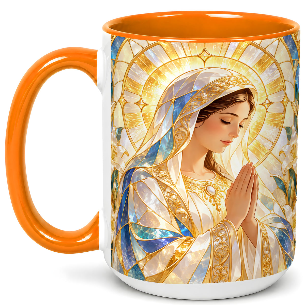 #pl[15oz|Orange] Praying Mother Coffee Mug, Lily Faith Mug, Ceramic Cup