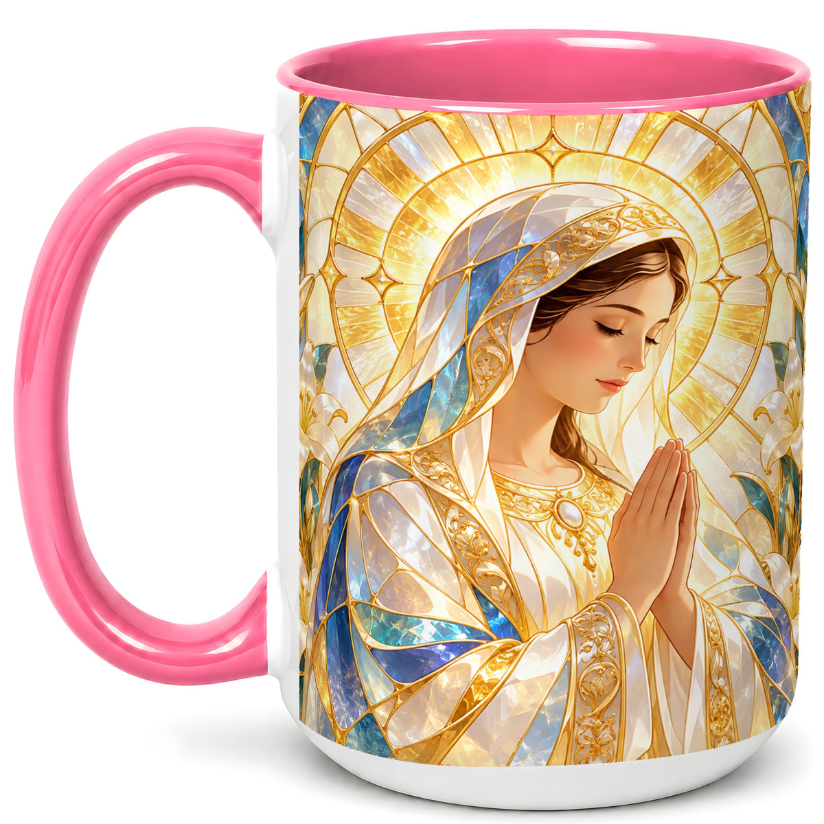 #pl[15oz|Pink] Praying Mother Coffee Mug, Lily Faith Mug, Ceramic Cup