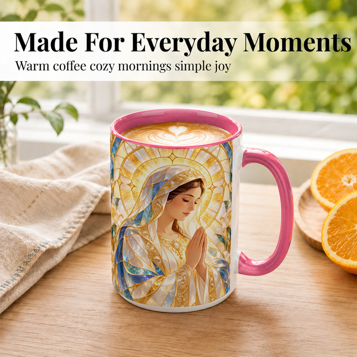 #pl[15oz|Pink] Praying Mother Coffee Mug, Lily Faith Mug, Ceramic Cup