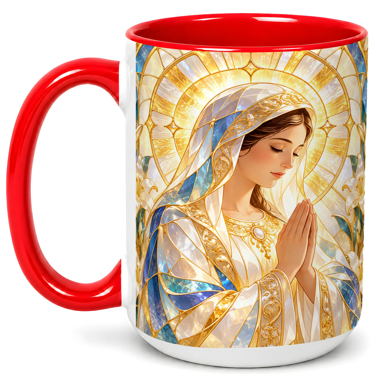 #pl[15oz|Red] Praying Mother Coffee Mug, Lily Faith Mug, Ceramic Cup