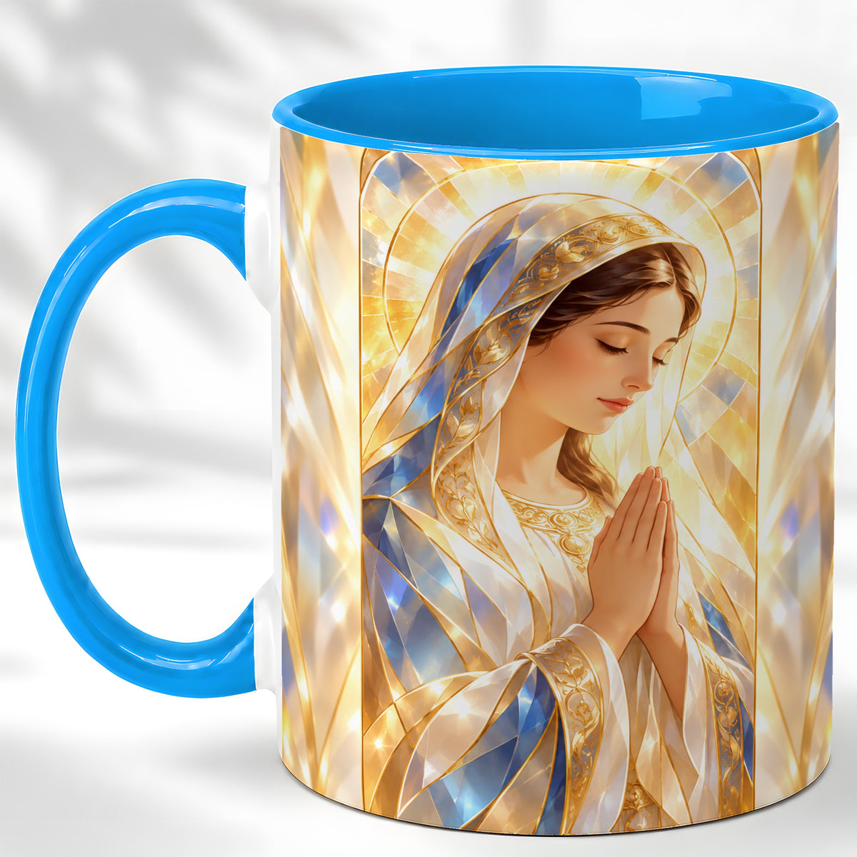 #pl[11oz|Blue] Praying Mother Coffee Mug, Radiant Faith Mug, Ceramic Cup