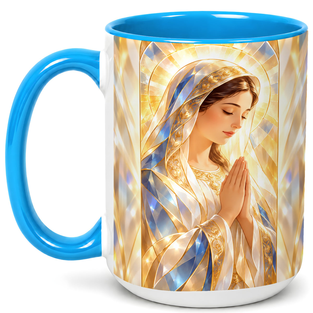 #pl[15oz|Blue] Praying Mother Coffee Mug, Radiant Faith Mug, Ceramic Cup