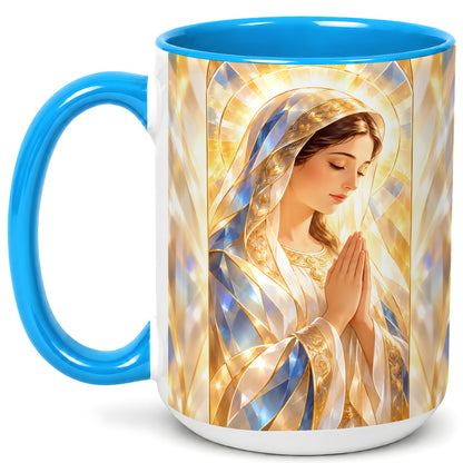 #pl[15oz|Blue] Praying Mother Coffee Mug, Radiant Faith Mug, Ceramic Cup