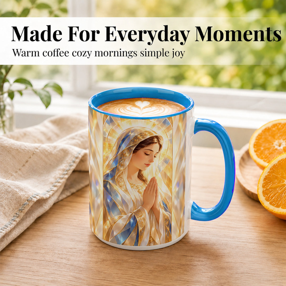 #pl[15oz|Blue] Praying Mother Coffee Mug, Radiant Faith Mug, Ceramic Cup