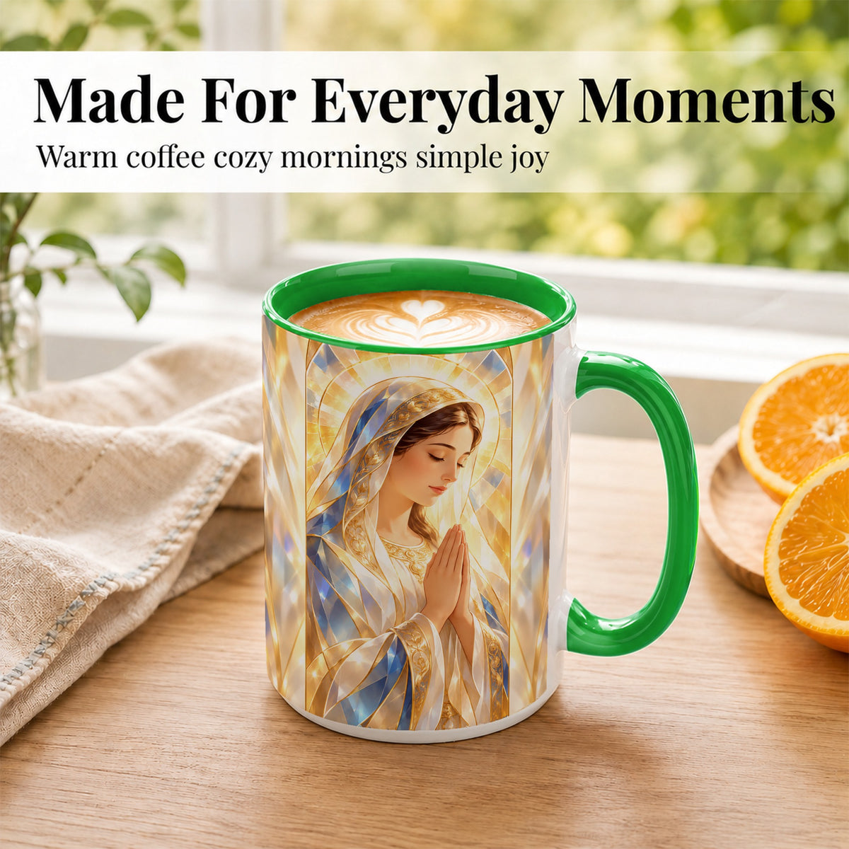 #pl[15oz|Green] Praying Mother Coffee Mug, Radiant Faith Mug, Ceramic Cup
