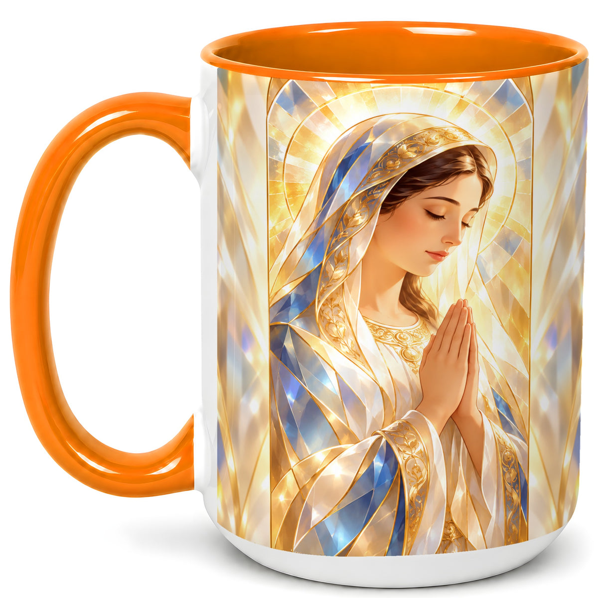 #pl[15oz|Orange] Praying Mother Coffee Mug, Radiant Faith Mug, Ceramic Cup