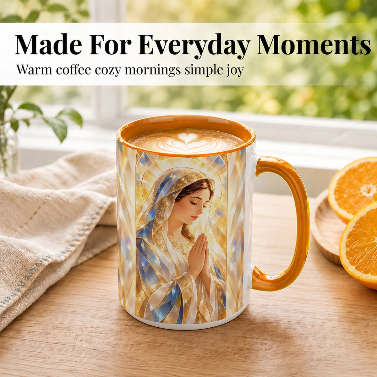 #pl[15oz|Orange] Praying Mother Coffee Mug, Radiant Faith Mug, Ceramic Cup