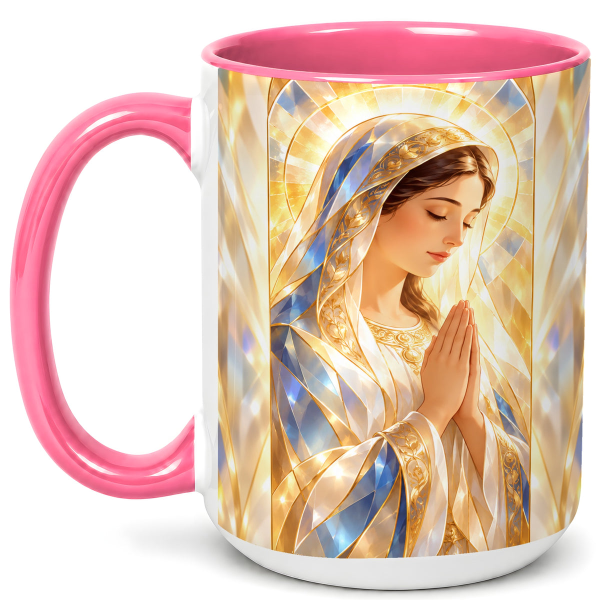#pl[15oz|Pink] Praying Mother Coffee Mug, Radiant Faith Mug, Ceramic Cup