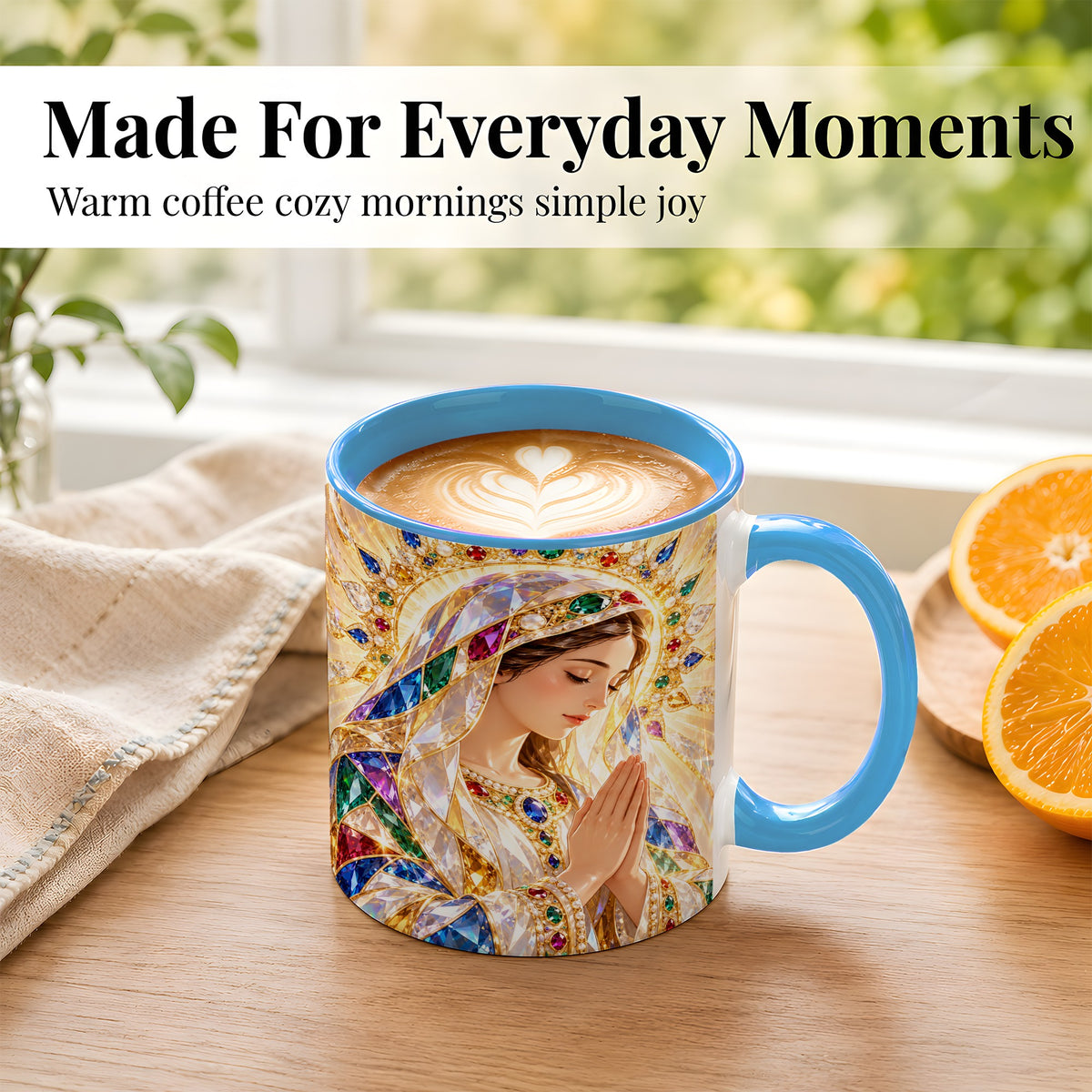 #pl[11oz|Blue] Jeweled Praying Mother Coffee Mug, Sacred Art Mug, Ceramic Cup
