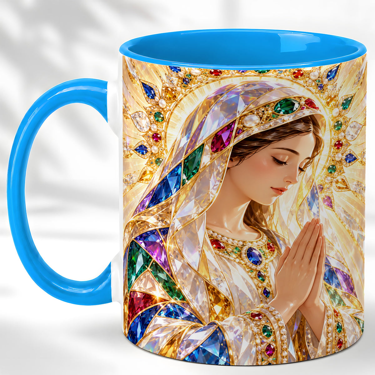#pl[11oz|Blue] Jeweled Praying Mother Coffee Mug, Sacred Art Mug, Ceramic Cup