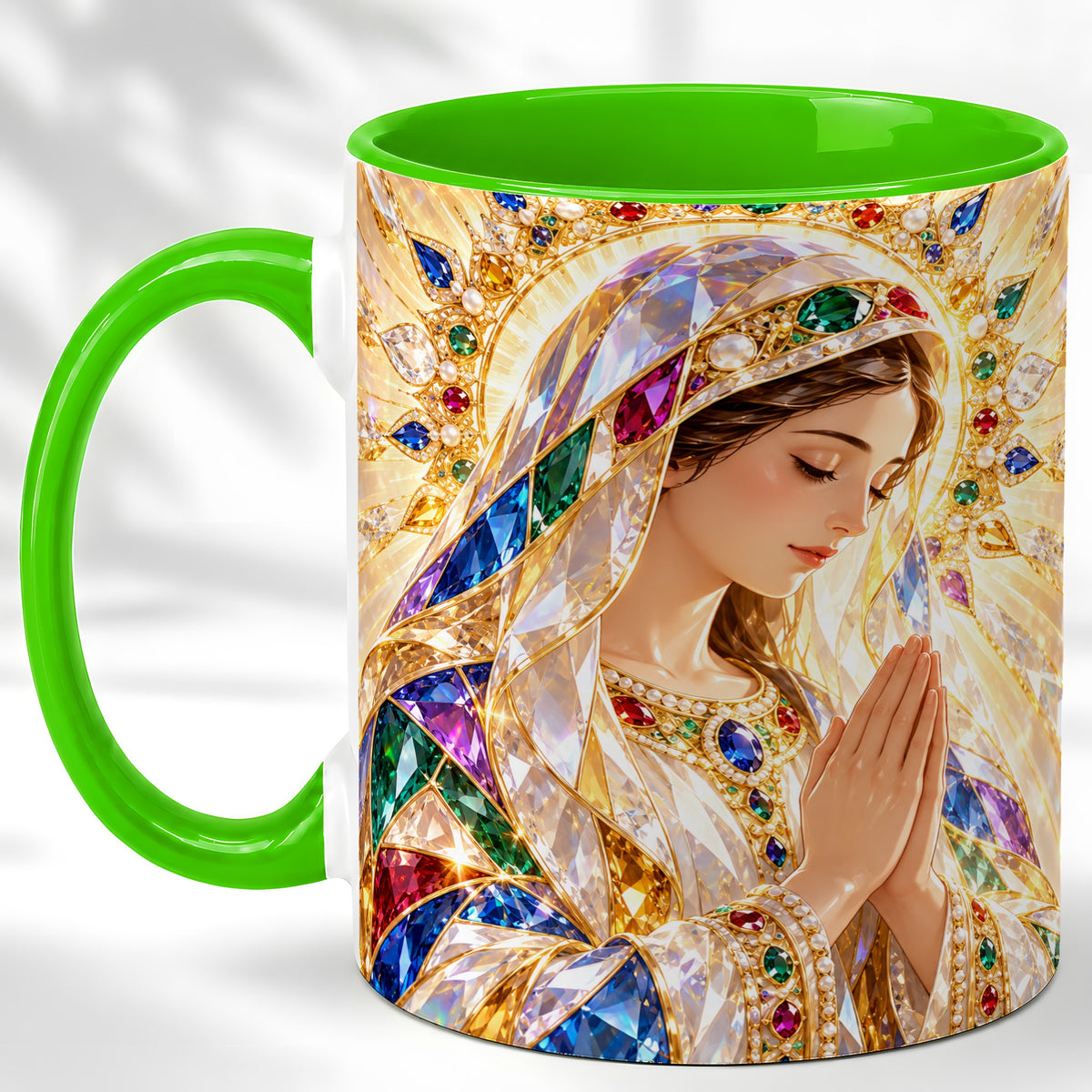 #pl[11oz|Green] Jeweled Praying Mother Coffee Mug, Sacred Art Mug, Ceramic Cup