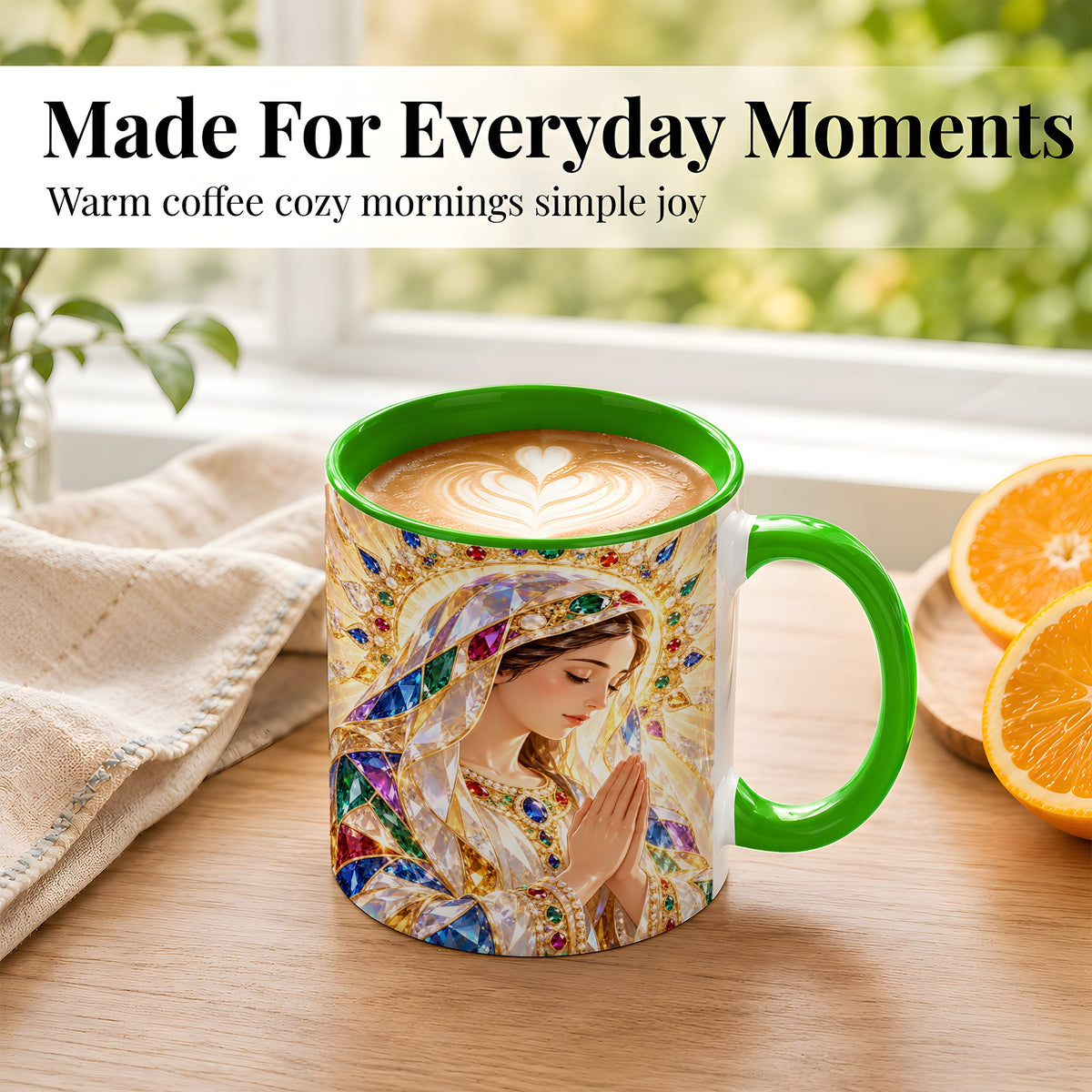 #pl[11oz|Green] Jeweled Praying Mother Coffee Mug, Sacred Art Mug, Ceramic Cup