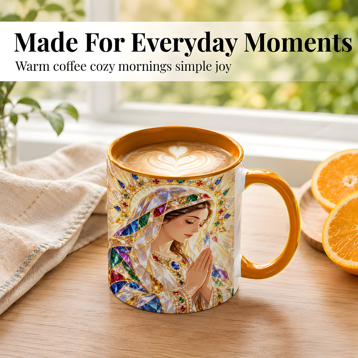 #pl[11oz|Orange] Jeweled Praying Mother Coffee Mug, Sacred Art Mug, Ceramic Cup