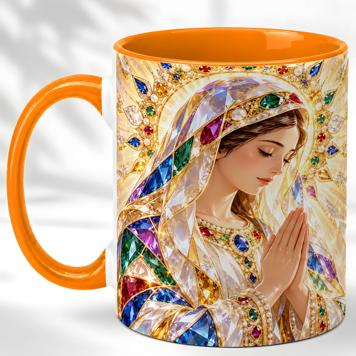 #pl[11oz|Orange] Jeweled Praying Mother Coffee Mug, Sacred Art Mug, Ceramic Cup