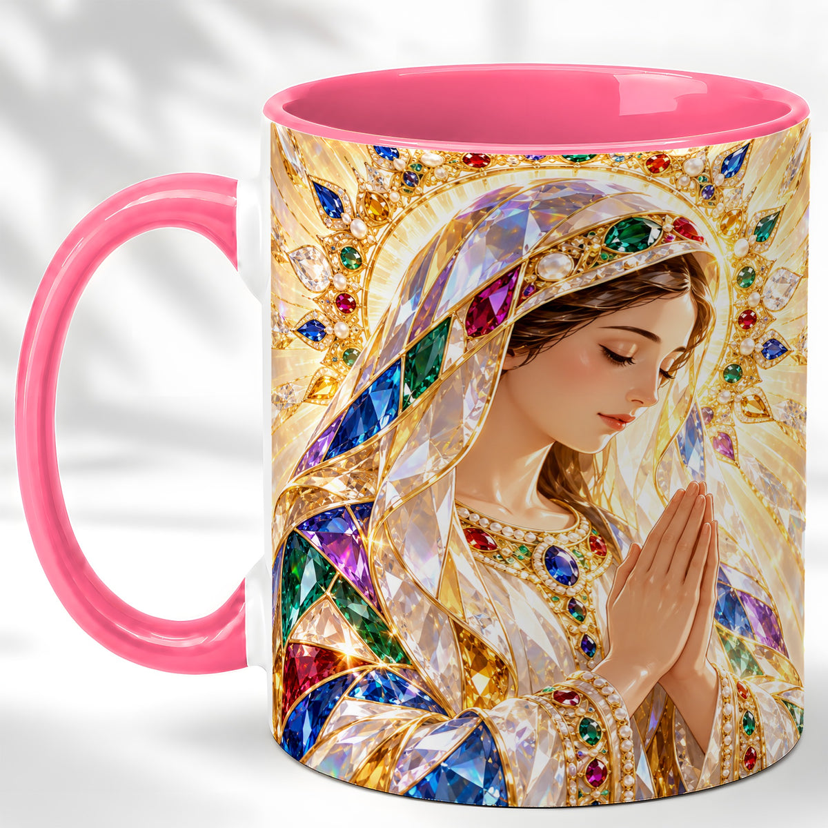 #pl[11oz|Pink] Jeweled Praying Mother Coffee Mug, Sacred Art Mug, Ceramic Cup
