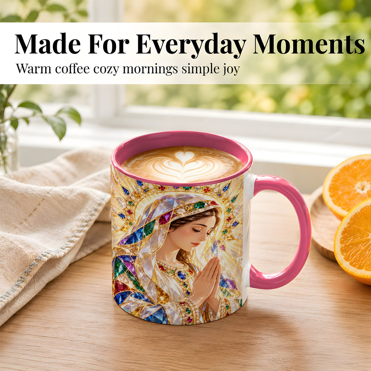 #pl[11oz|Pink] Jeweled Praying Mother Coffee Mug, Sacred Art Mug, Ceramic Cup