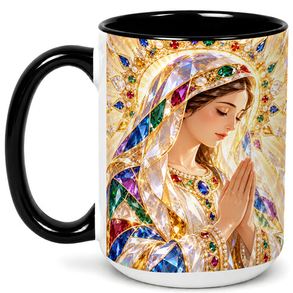 #pl[15oz|Black] Jeweled Praying Mother Coffee Mug, Sacred Art Mug, Ceramic Cup