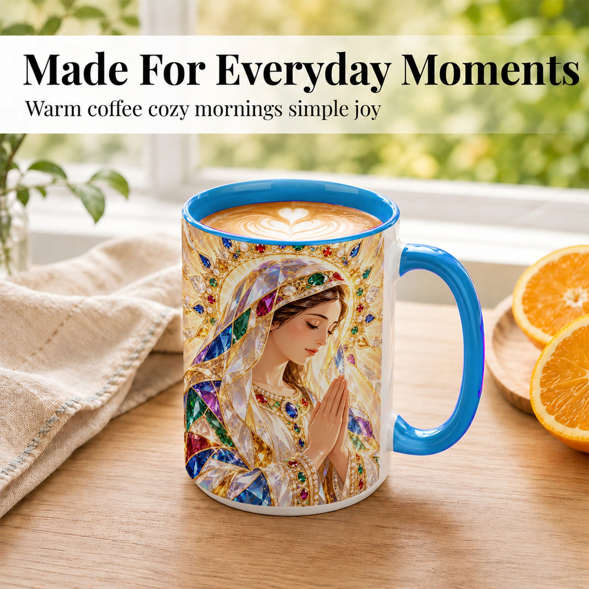 #pl[15oz|Blue] Jeweled Praying Mother Coffee Mug, Sacred Art Mug, Ceramic Cup
