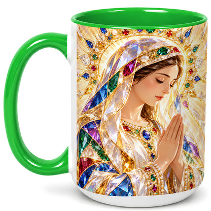#pl[15oz|Green] Jeweled Praying Mother Coffee Mug, Sacred Art Mug, Ceramic Cup