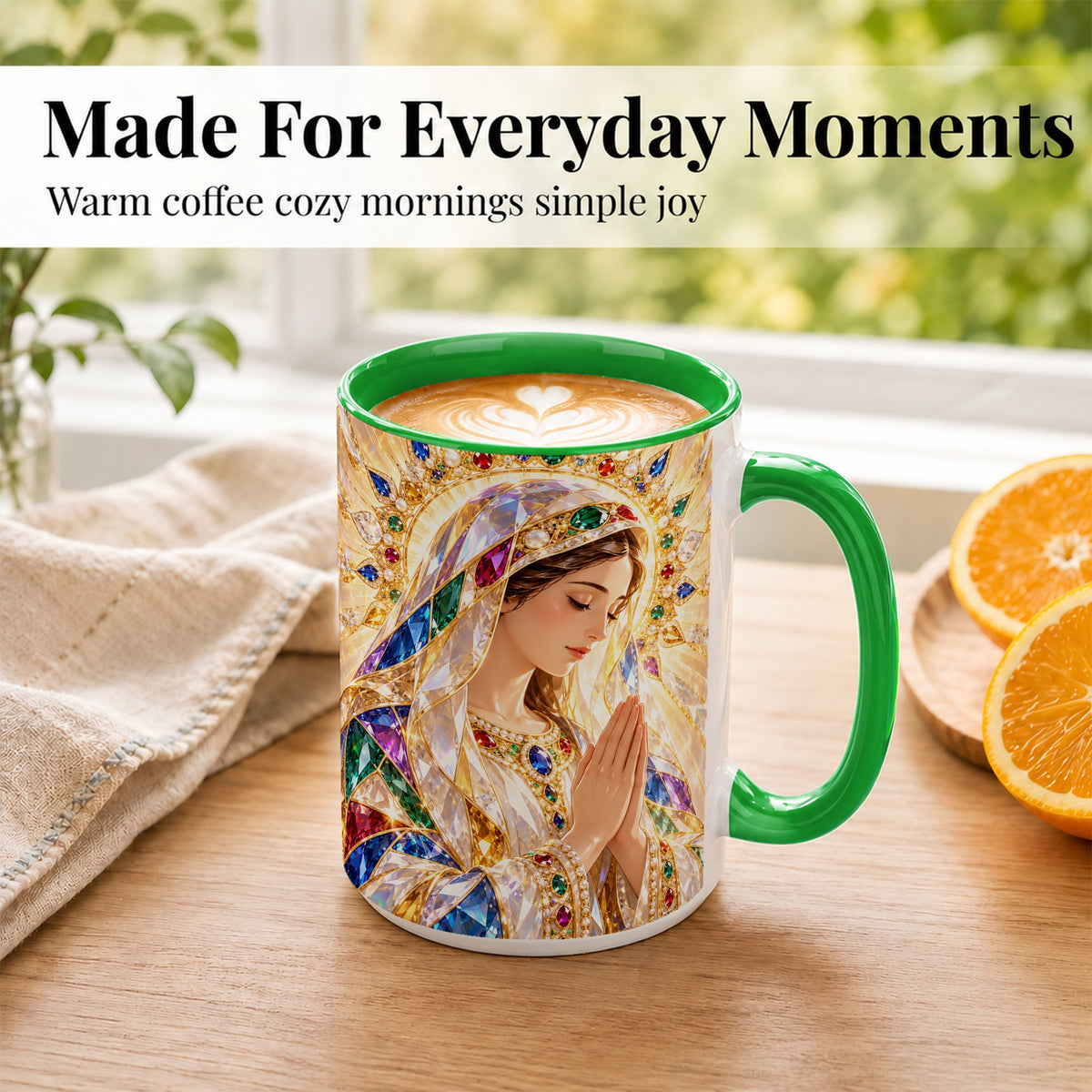 #pl[15oz|Green] Jeweled Praying Mother Coffee Mug, Sacred Art Mug, Ceramic Cup