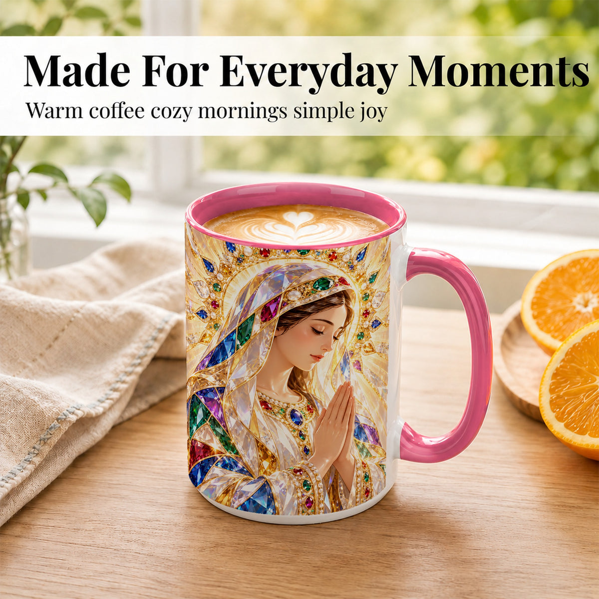 #pl[15oz|Pink] Jeweled Praying Mother Coffee Mug, Sacred Art Mug, Ceramic Cup