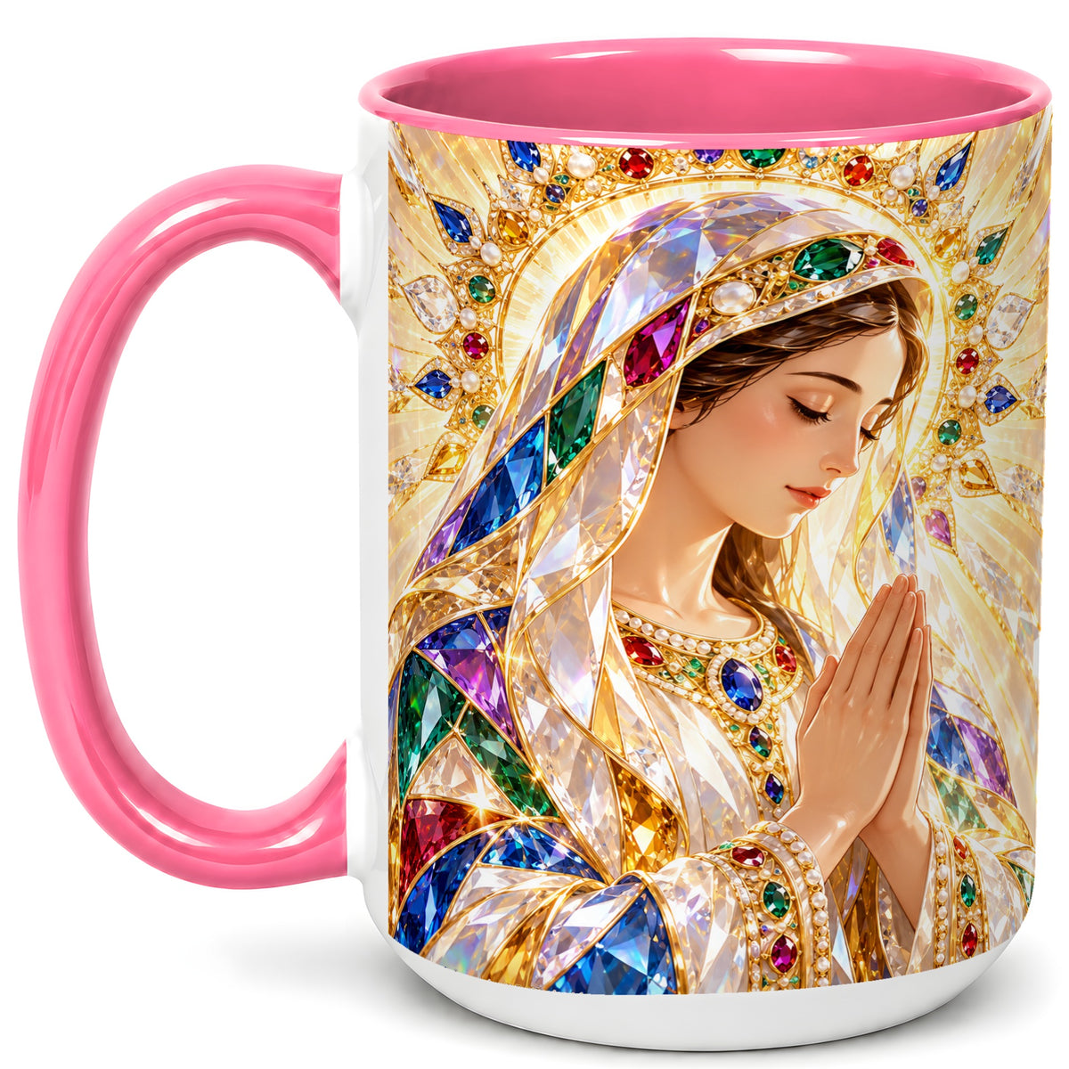 #pl[15oz|Pink] Jeweled Praying Mother Coffee Mug, Sacred Art Mug, Ceramic Cup