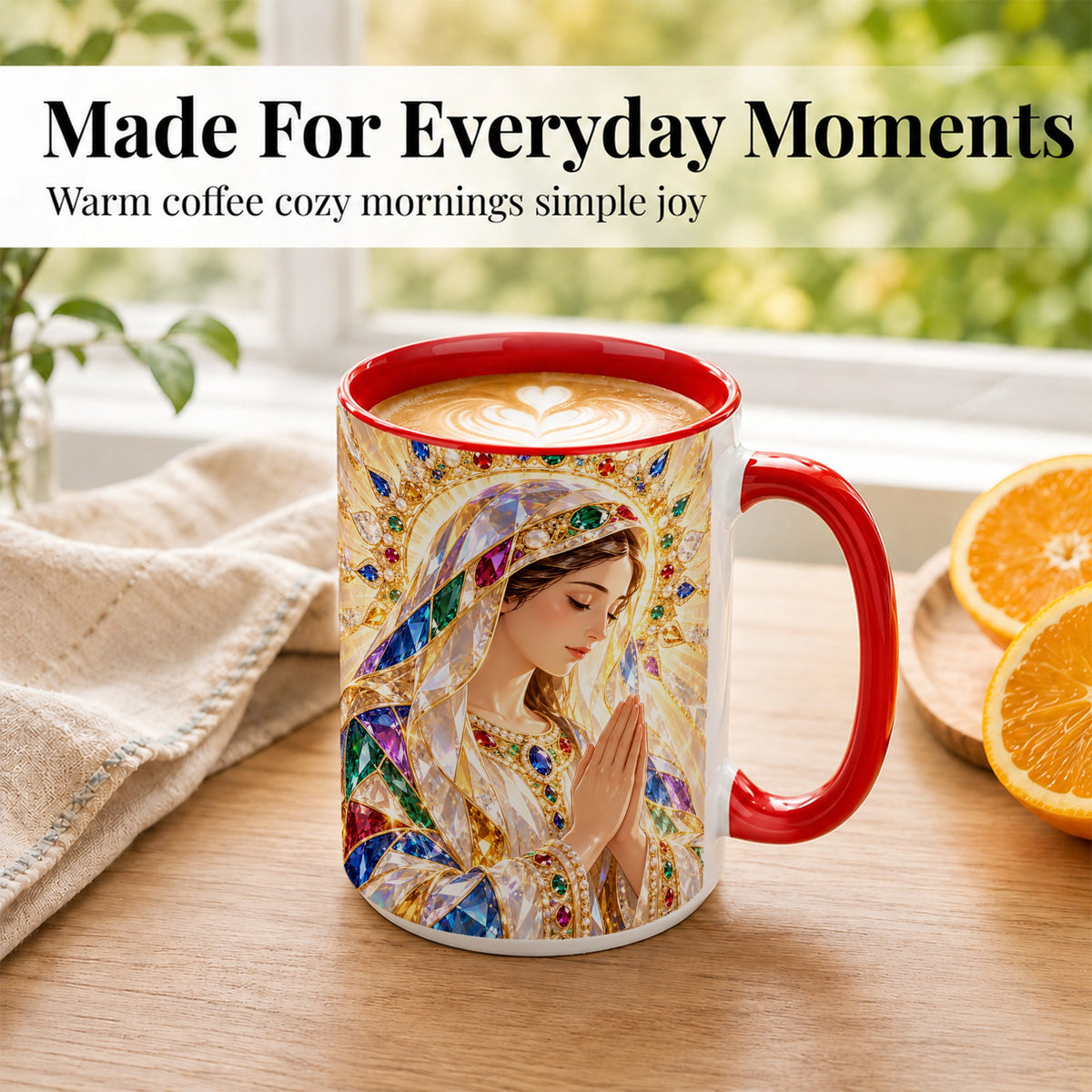 #pl[15oz|Red] Jeweled Praying Mother Coffee Mug, Sacred Art Mug, Ceramic Cup