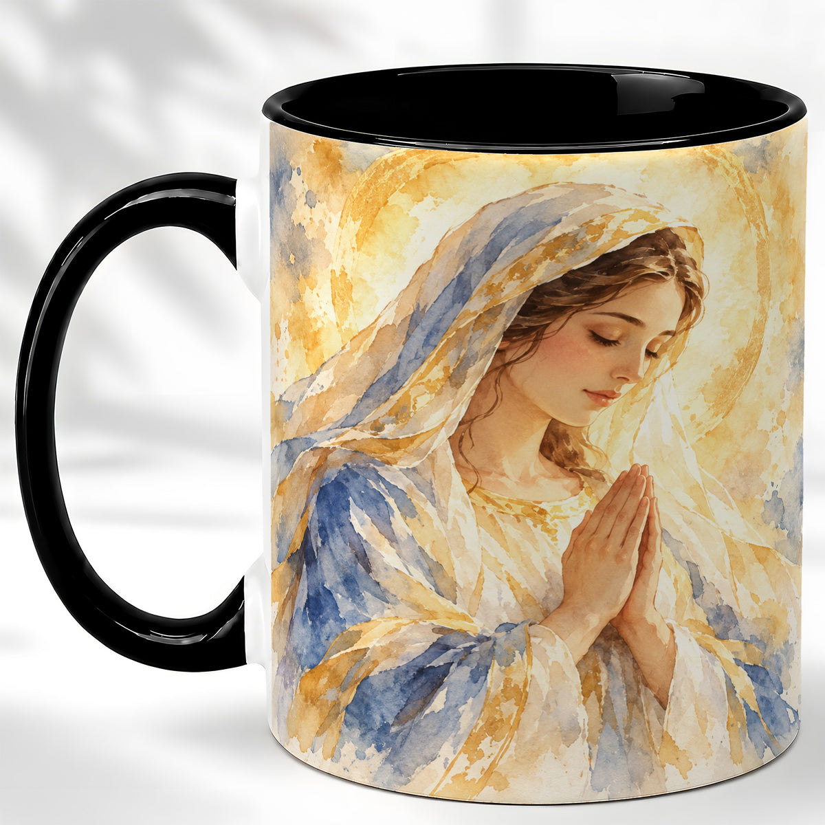 #pl[11oz|Black] Watercolor Praying Mother Coffee Mug, Faith Art Mug, Ceramic Cup