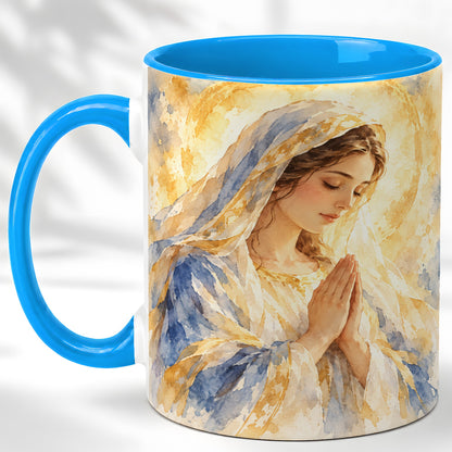 #pl[11oz|Blue] Watercolor Praying Mother Coffee Mug, Faith Art Mug, Ceramic Cup