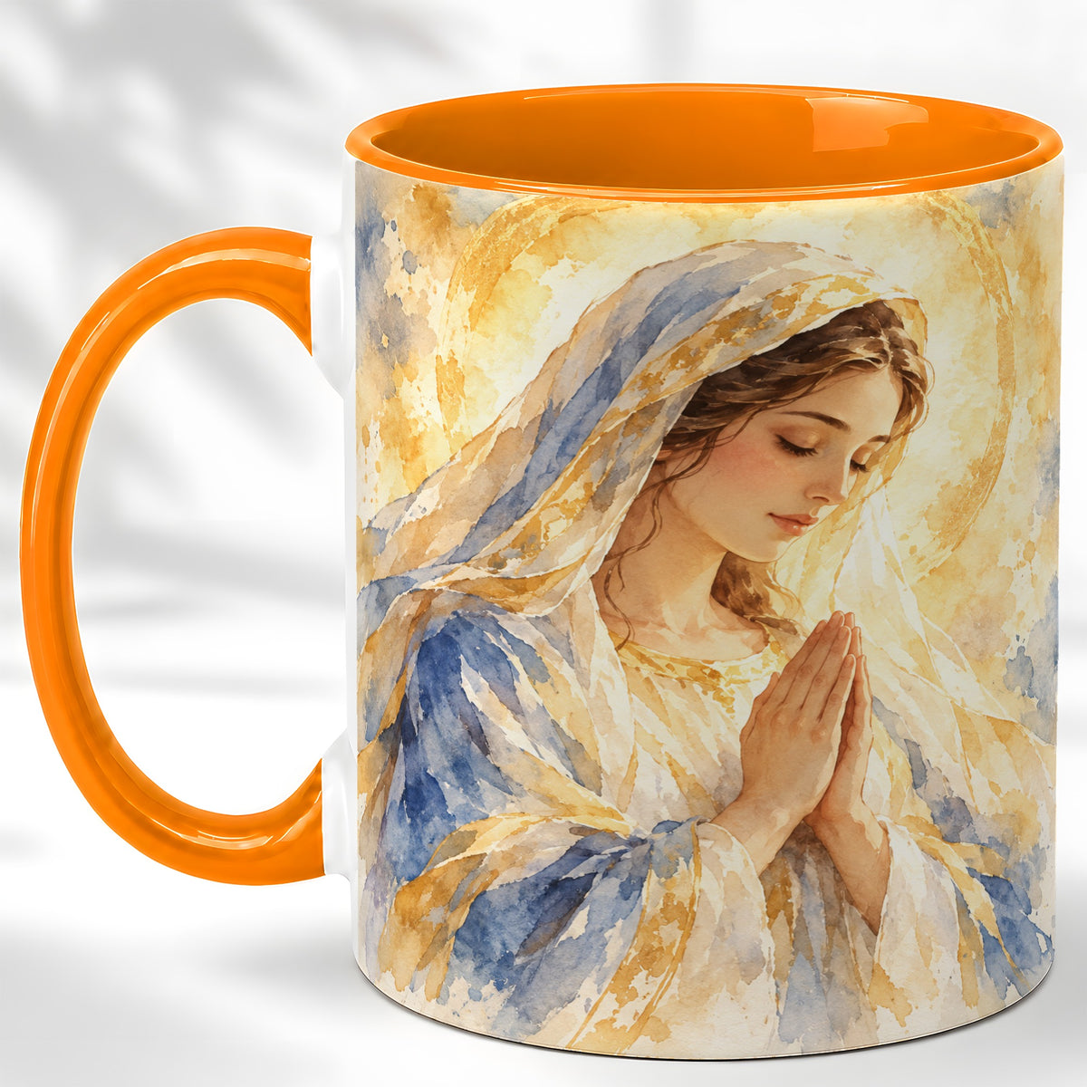 #pl[11oz|Orange] Watercolor Praying Mother Coffee Mug, Faith Art Mug, Ceramic Cup