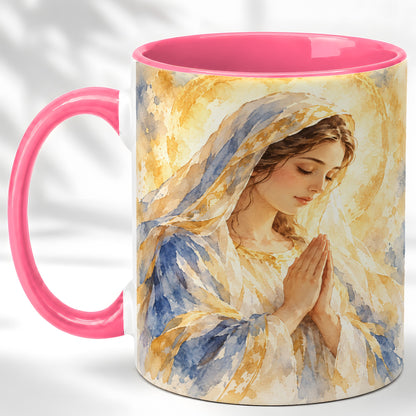 #pl[11oz|Pink] Watercolor Praying Mother Coffee Mug, Faith Art Mug, Ceramic Cup