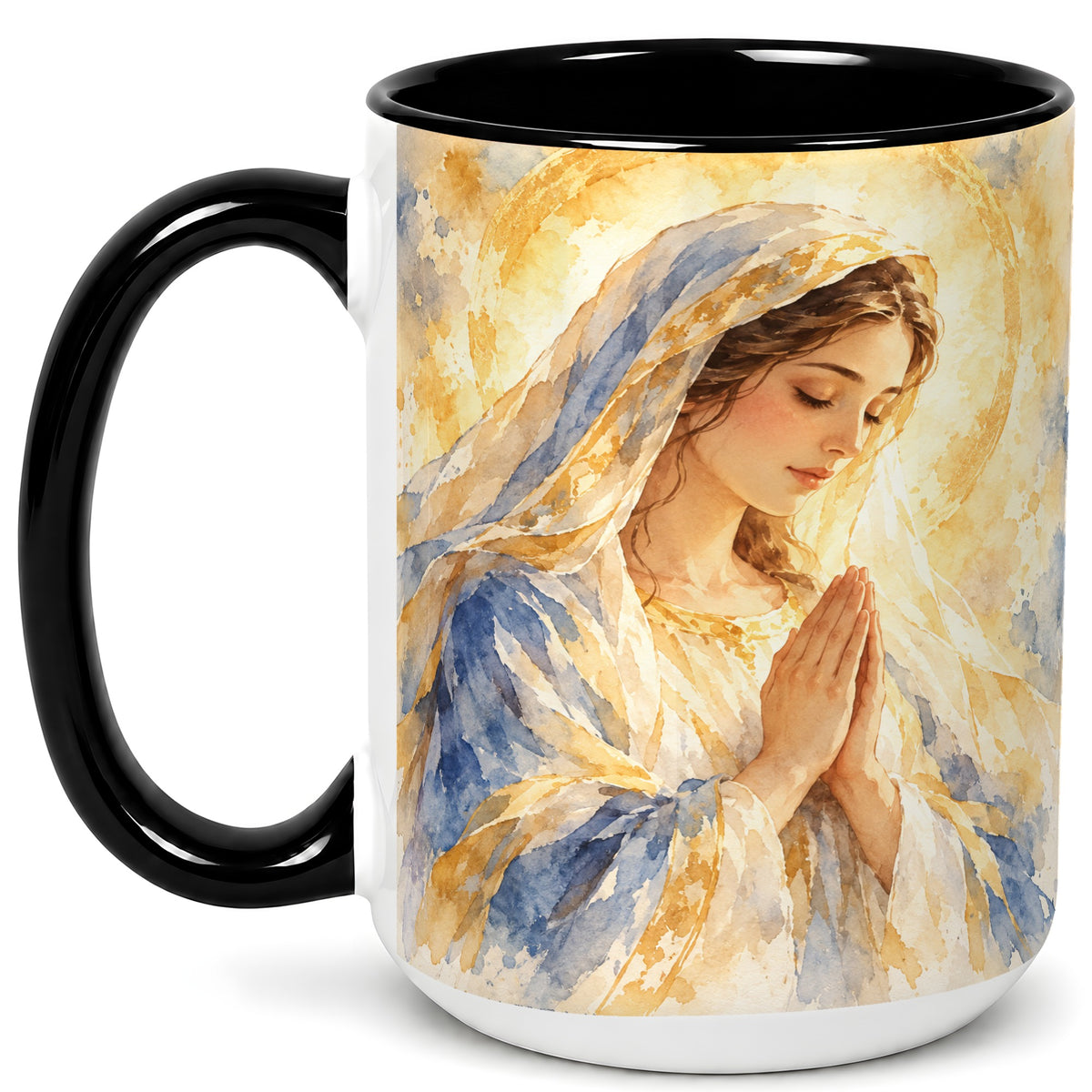 #pl[15oz|Black] Watercolor Praying Mother Coffee Mug, Faith Art Mug, Ceramic Cup