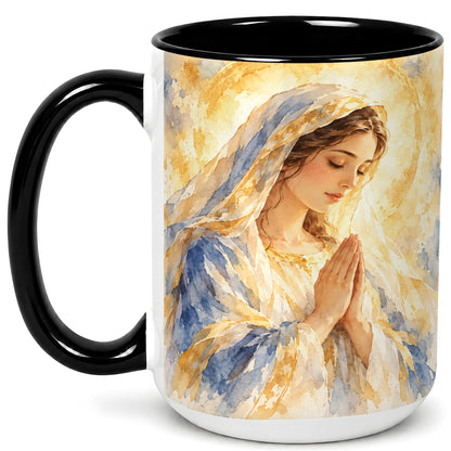 #pl[15oz|Black] Watercolor Praying Mother Coffee Mug, Faith Art Mug, Ceramic Cup
