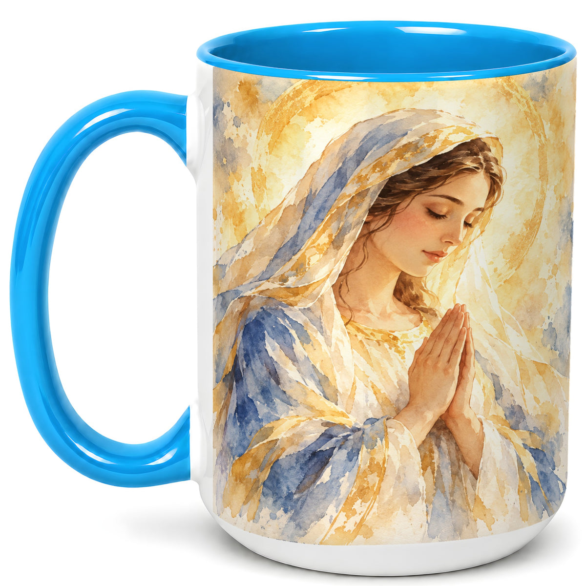 #pl[15oz|Blue] Watercolor Praying Mother Coffee Mug, Faith Art Mug, Ceramic Cup