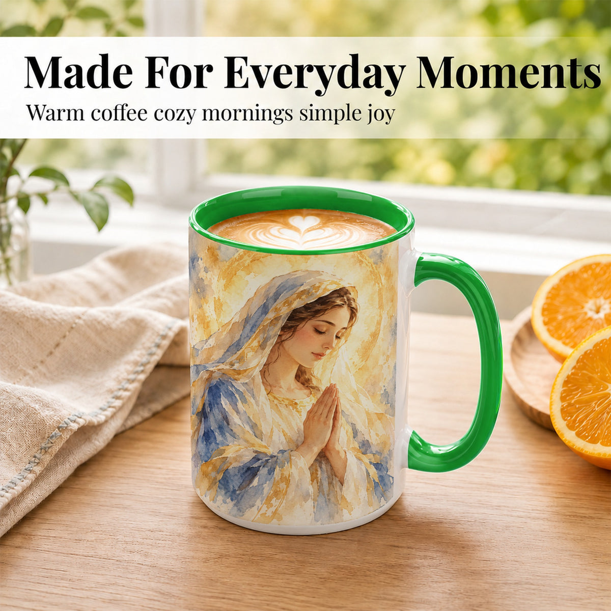 #pl[15oz|Green] Watercolor Praying Mother Coffee Mug, Faith Art Mug, Ceramic Cup