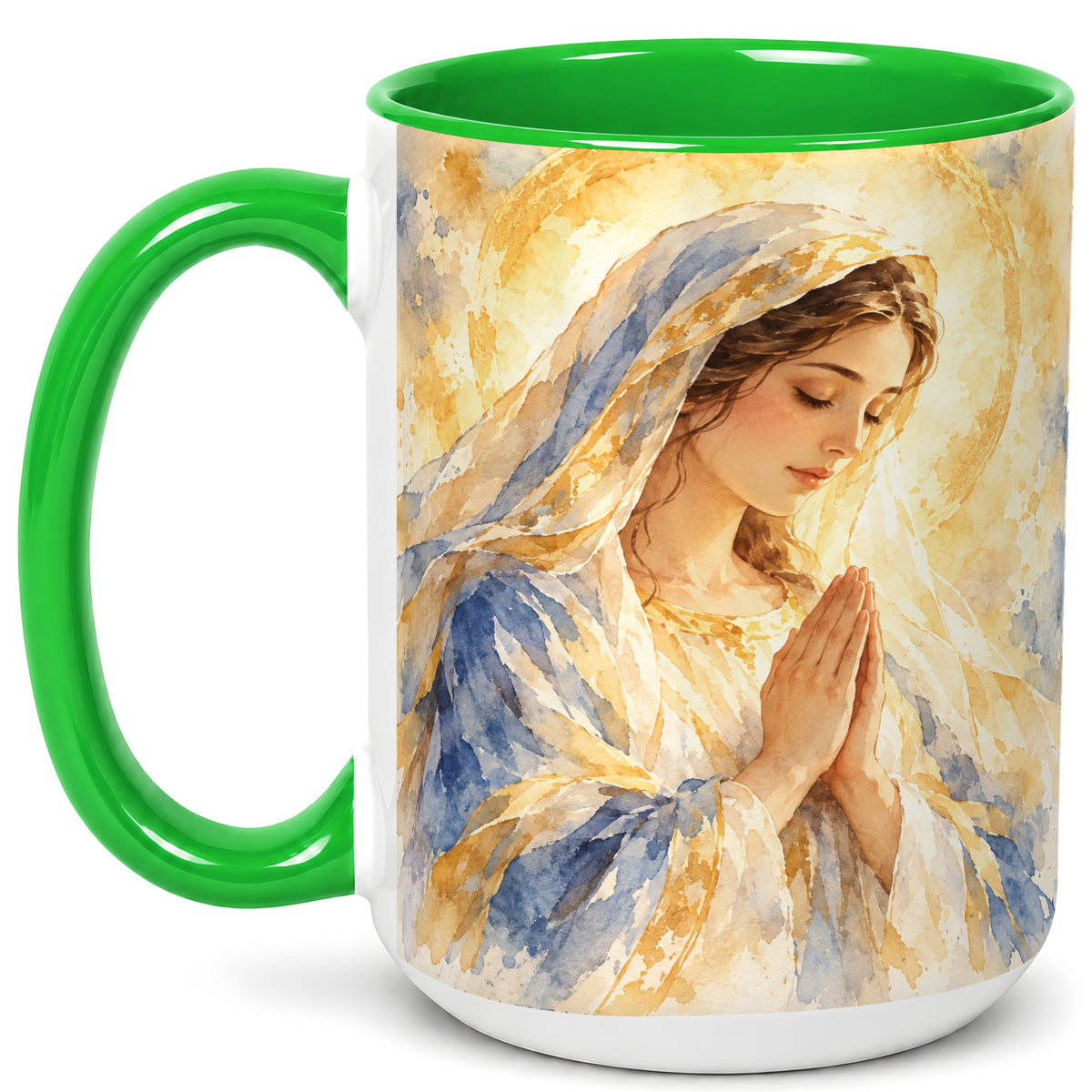#pl[15oz|Green] Watercolor Praying Mother Coffee Mug, Faith Art Mug, Ceramic Cup