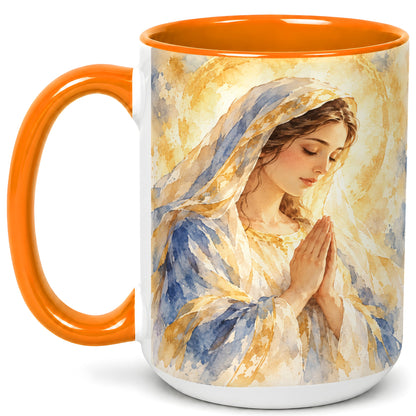 #pl[15oz|Orange] Watercolor Praying Mother Coffee Mug, Faith Art Mug, Ceramic Cup