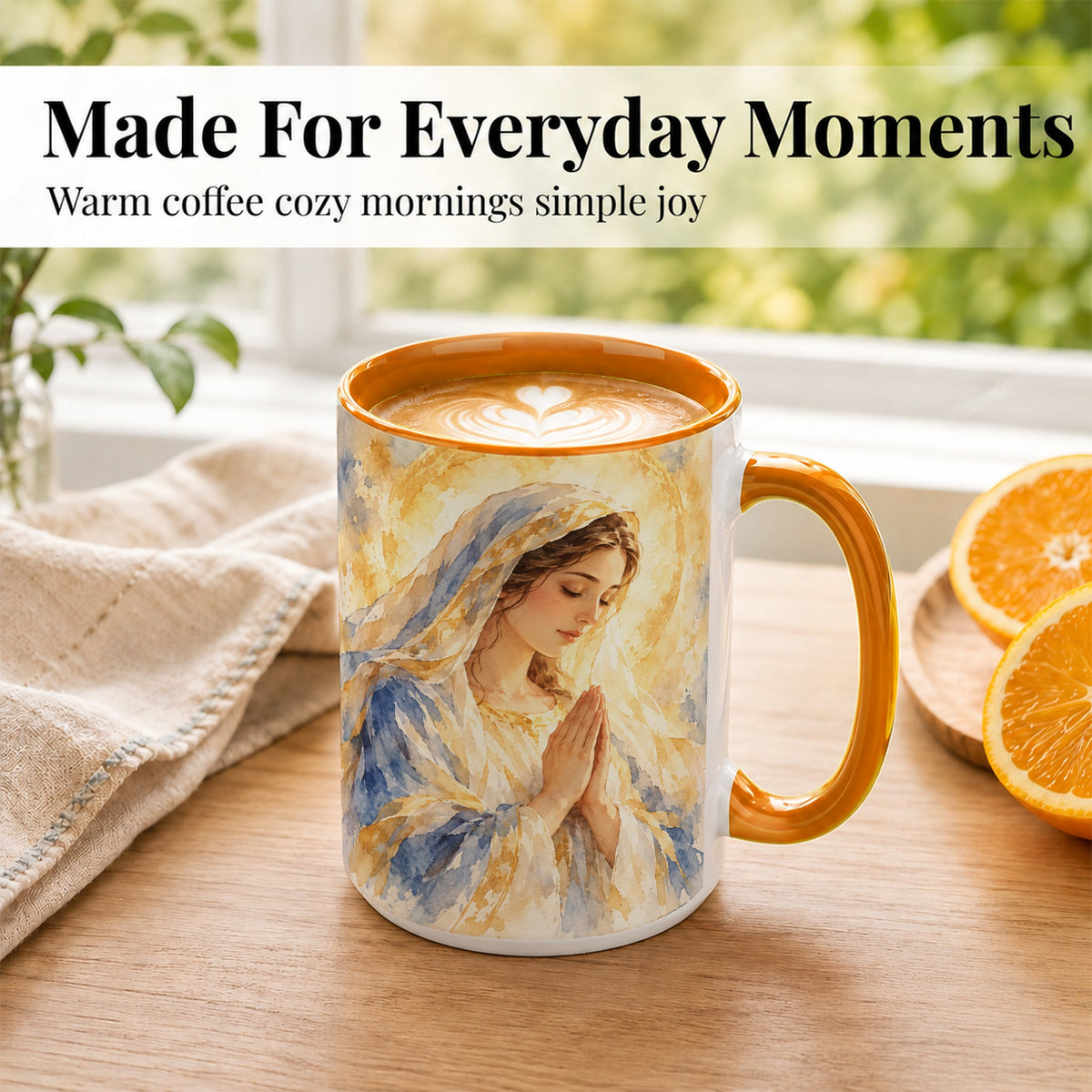 #pl[15oz|Orange] Watercolor Praying Mother Coffee Mug, Faith Art Mug, Ceramic Cup