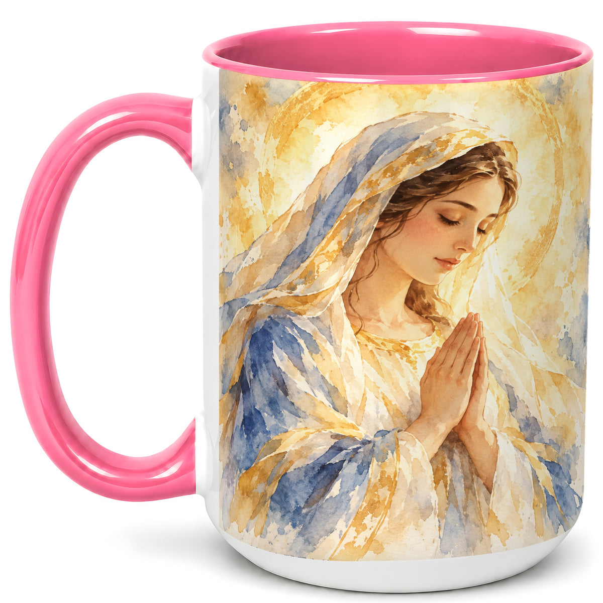 #pl[15oz|Pink] Watercolor Praying Mother Coffee Mug, Faith Art Mug, Ceramic Cup
