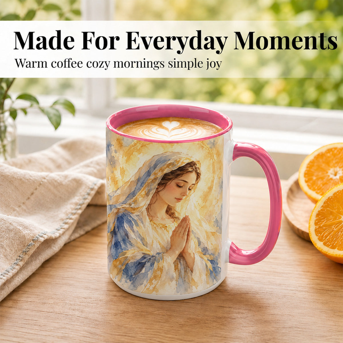 #pl[15oz|Pink] Watercolor Praying Mother Coffee Mug, Faith Art Mug, Ceramic Cup