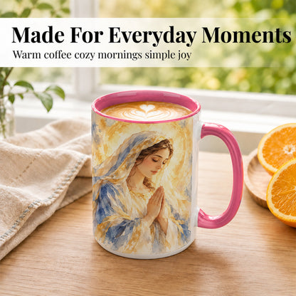 #pl[15oz|Pink] Watercolor Praying Mother Coffee Mug, Faith Art Mug, Ceramic Cup